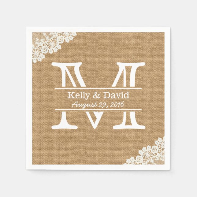 Monogram Burlap & Lace Rustic Wedding Napkin (Front)