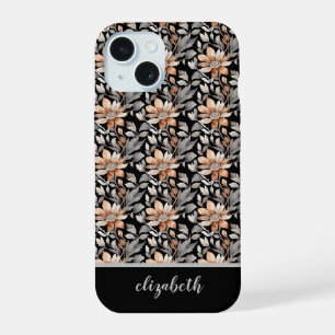 Monogram Burnt Orange Rust Black Grey Floral iPhone 15 Case