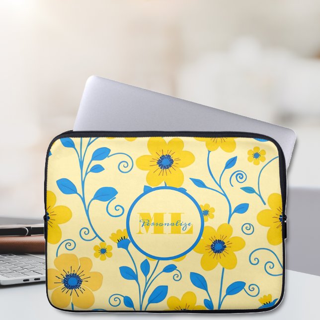 Monogram Butter Yellow and Blue Floral Laptop Sleeve (Monogram Butter Yellow and Blue Floral Laptop Sleeve)