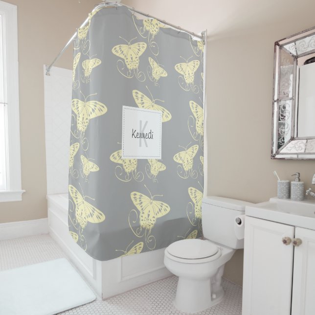 Monogram Butterflies Yellow Grey Art Shower Curtain (In Situ)