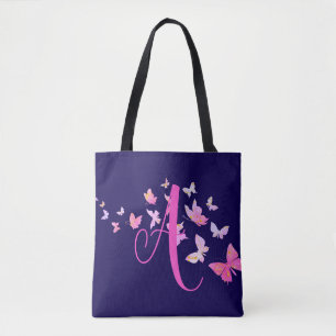 Monogram Butterfly Blue Pink Tote Bag