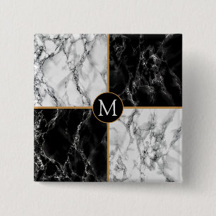 Monogram Button Black White Check Marble