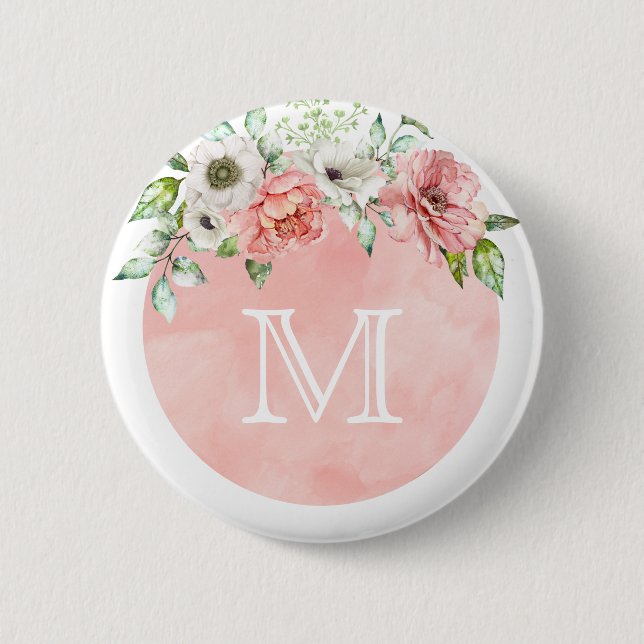 Monogram Button Pin | Blush Pink Spring Floral (Front)