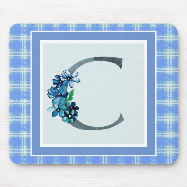 Monogram "C" Blue Plaid Mouse Pad (Front)