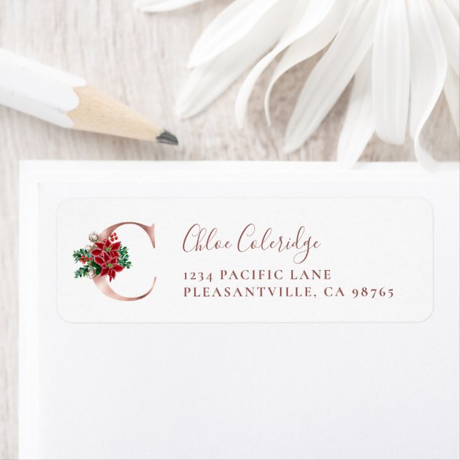 Monogram C Christmas Rose Gold Return Address Label (Insitu)