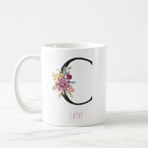Monogram C Floral Name Polka Dot Coffee Mug