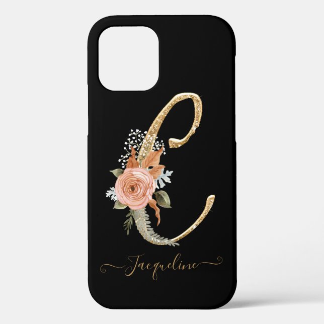 Monogram C Gold Script Black BOHO Pink Floral Leaf Case-Mate iPhone Case (Back)