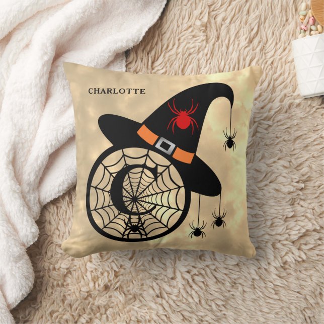Monogram C Halloween Sky Witch Spiders Name Cushion (Blanket)