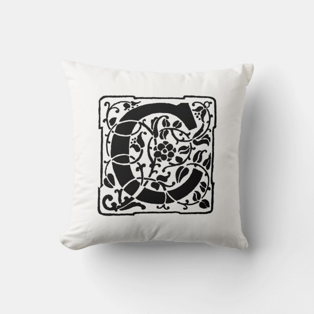 Monogram C Initial Black and White Floral Pattern Cushion (Front)