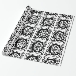 Monogram C Initial Black and White Floral Pattern Wrapping Paper