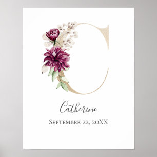 Monogram C Pink White Floral Gold Letter Nursery  Poster