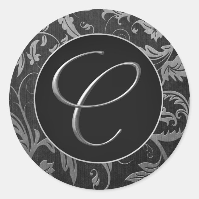 Monogram C Silver and Black Damask Wedding Seal (Front)