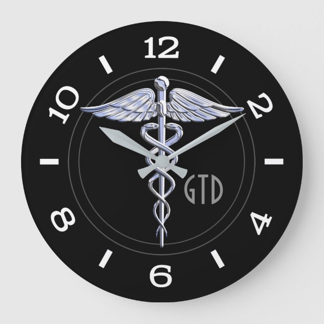 Monogram Caduceus Medical Symbol on Black Large Clock (Front)