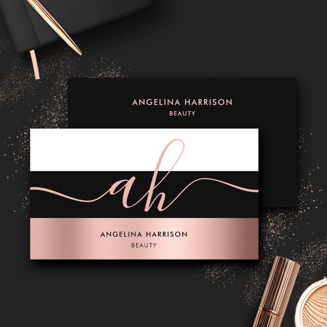 Monogram Calligraphy Black White Rose Gold Stripes Business Card (Creator Uploaded)