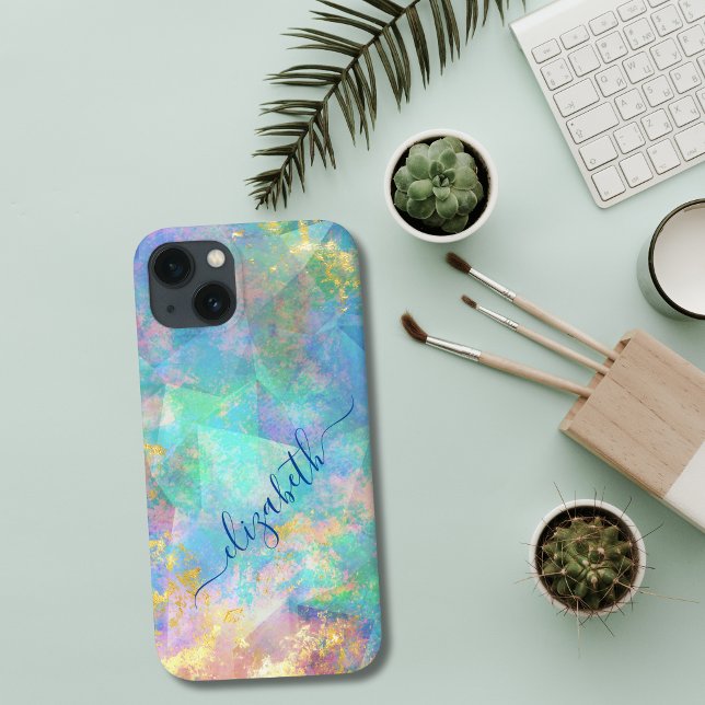 Monogram Calligraphy Blue Green Pink Gold Trendy  Case-Mate iPhone Case (Script Calligraphy Monogram Blue Green Abstract Design iPhone case)
