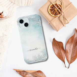 Monogram Calligraphy Blue White Snowflake iPhone 15 Case