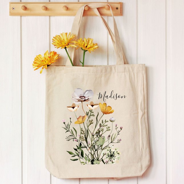 Monogram Calligraphy Dried Wildflower Bouquet Tote Bag (In situ)