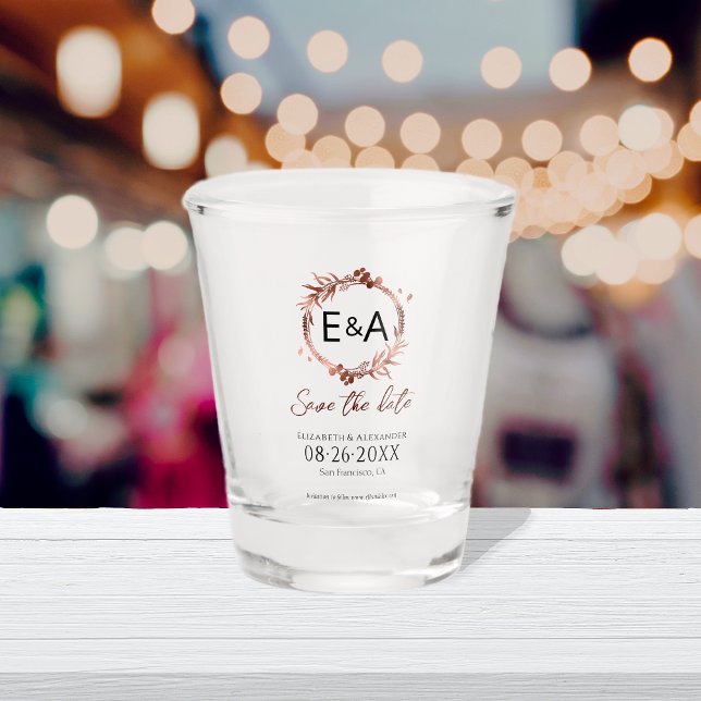 Monogram calligraphy script Wedding Save The Date Shot Glass (Creator Uploaded)