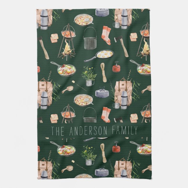 Monogram Camping | Watercolor Illustrations Tea Towel (Vertical)