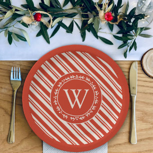 Monogram Candy Cane Stripe Paper Plate