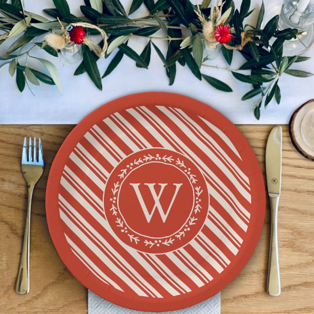 Monogram Candy Cane Stripe Paper Plate (Creator Uploaded)
