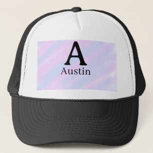 Monogram capital masculine add name purple pastel trucker hat