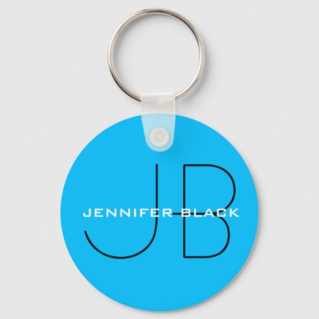 Monogram Capri Blue Minimalist Modern Name Key Ring (Front)