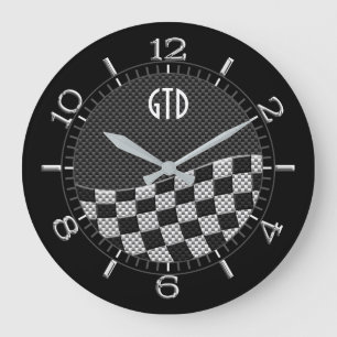 Monogram Carbon Style Chequered Racing Flag Wave Large Clock