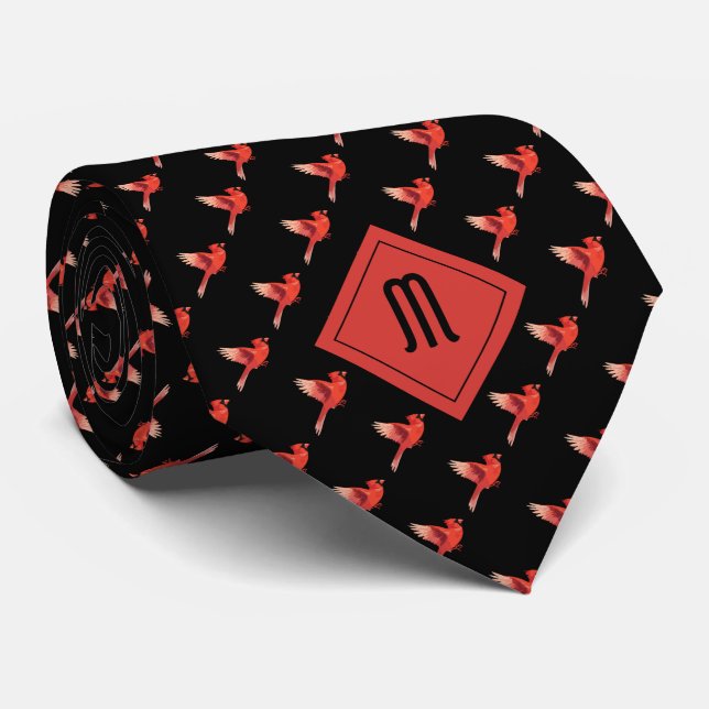 Monogram Cardinal Bird Pattern on Black Tie (Rolled)