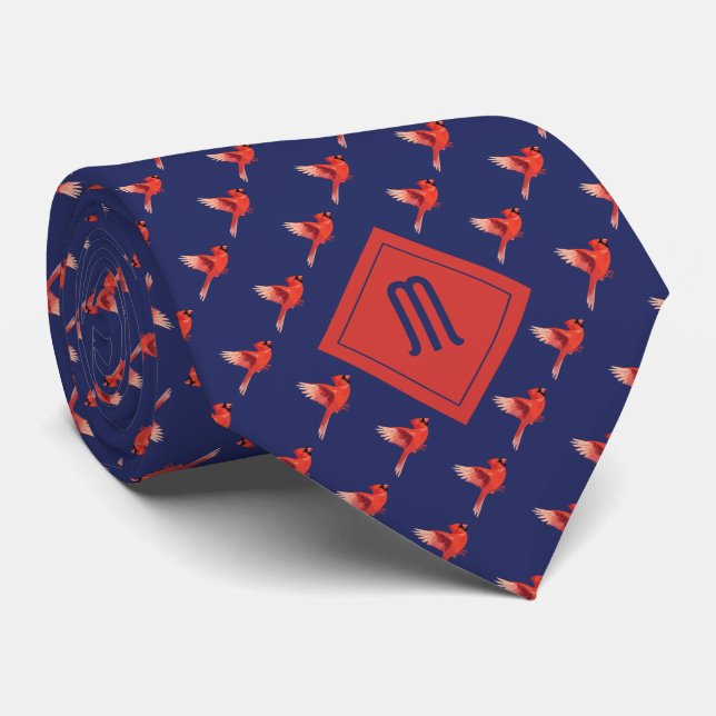 Monogram Cardinal Bird Pattern on Blue Tie (Rolled)