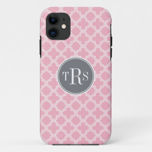 Monogram Carnation Pink Grey Quatrefoil Pattern iPhone 11 Case
