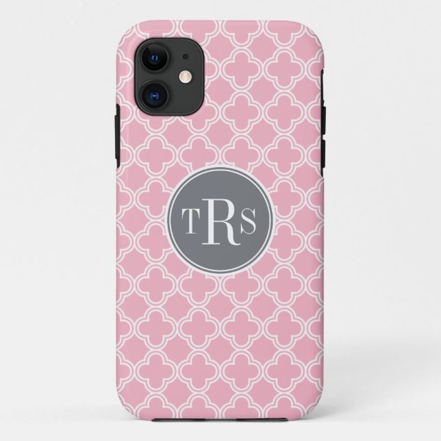 Monogram Carnation Pink Grey Quatrefoil Pattern Case-Mate iPhone Case (Back)