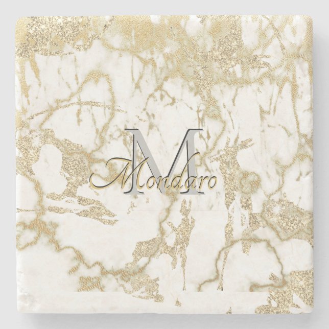 Monogram Carrera Marble Metallic Gold Glitter Gems Stone Coaster (Front)