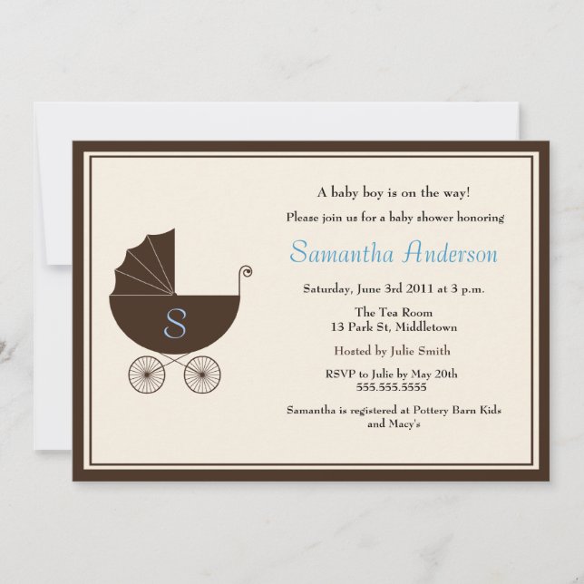 Monogram Carriage Baby Shower Invite - Boy (Front)