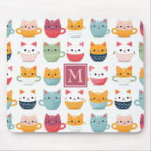 Monogram Cats Tea Cups Coffee Mugs Girly Pattern 