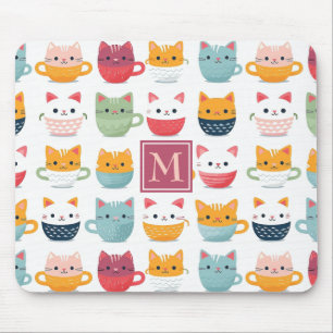 Monogram Cats Tea Cups Coffee Mugs Girly Pattern Mouse Pad