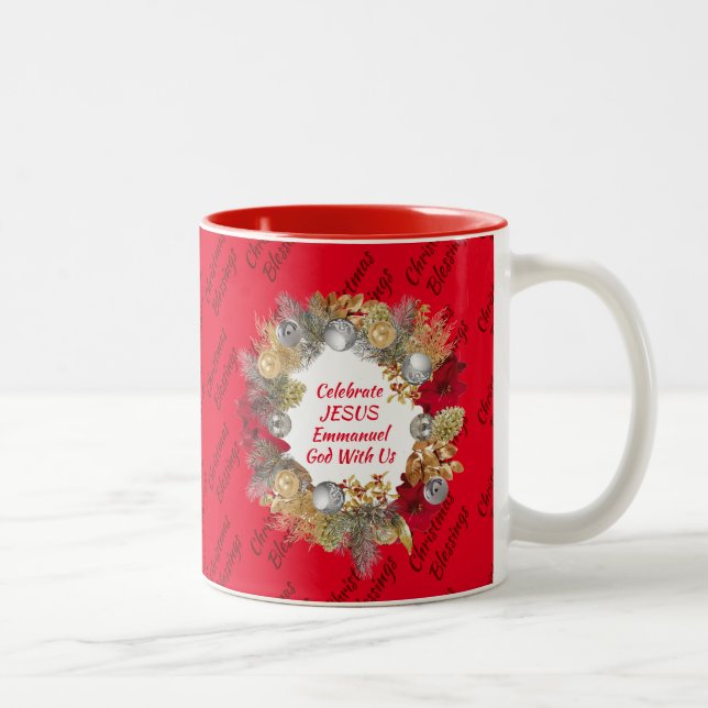 Monogram CELEBRATE JESUS Red Christmas Two-Tone Coffee Mug (Right)