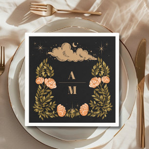Monogram Celestial Midnight Black Stars Wedding Napkin