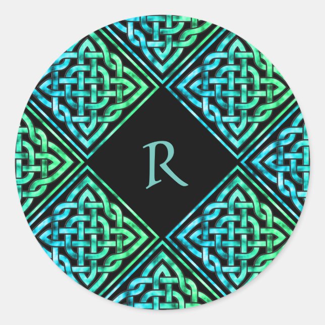 Monogram Celtic Knot Blue Green Classic Round Sticker (Front)