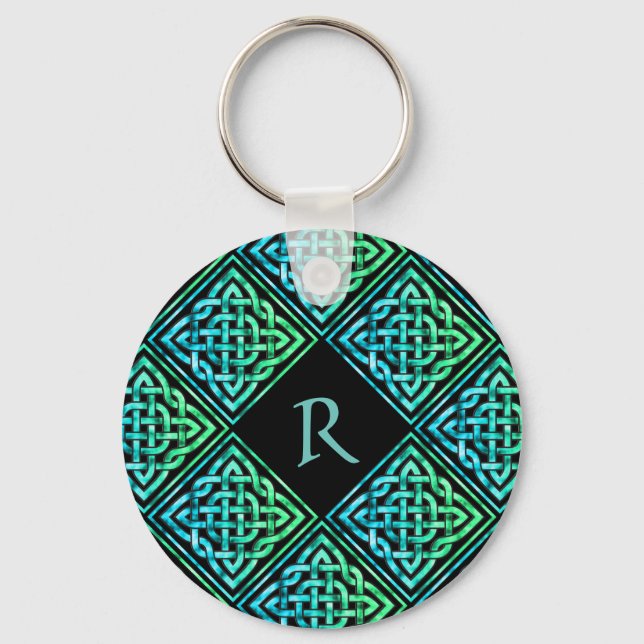 Monogram Celtic Knot Blue Green Round Keychain (Front)