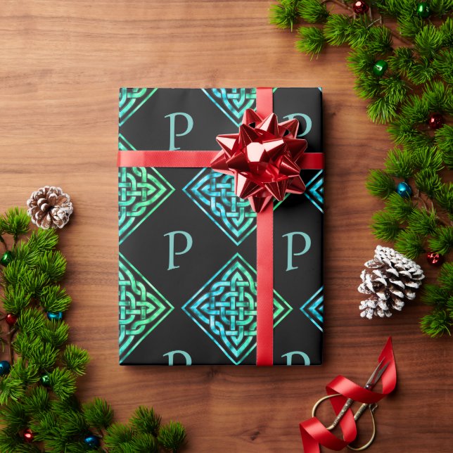 Monogram Celtic Knot Blue Green Wrapping Paper (Holiday Gift)