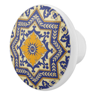 Monogram Ceramic Azulejo Style Blue Ceramic Knob
