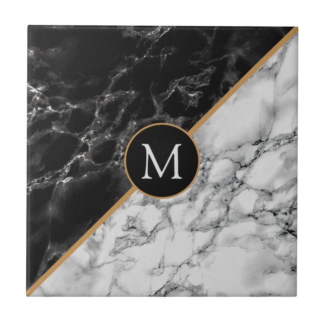 Monogram Ceramic Tile with Faux Black White Marble (Front)