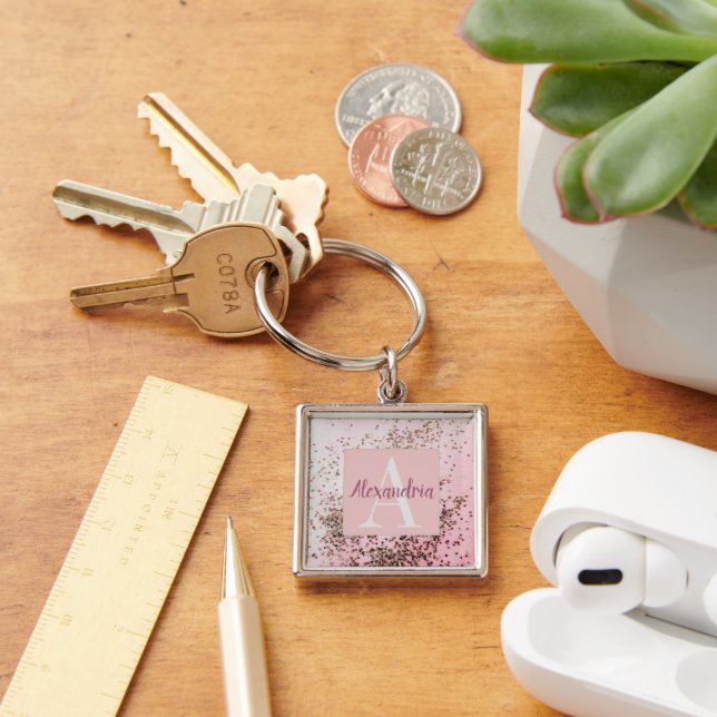 Monogram Champagne Pink Confetti Key Ring (Desk)