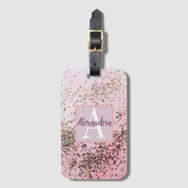 Monogram Champagne Pink Confetti   Luggage Tag (Front Vertical)