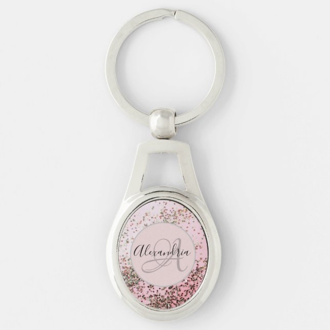 Monogram Champagne Pink Confetti Personalised Key Ring (Front)