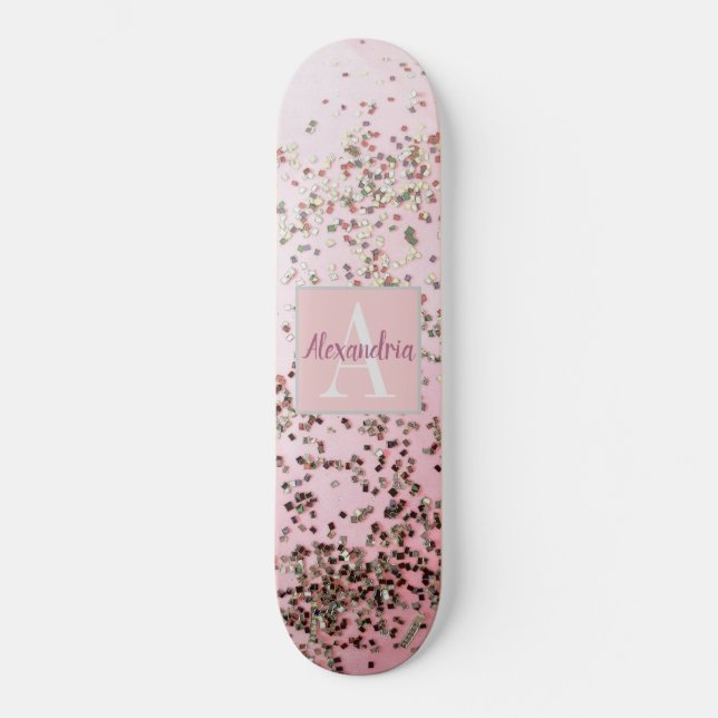 Monogram Champagne Pink Confetti Skateboard (Front)