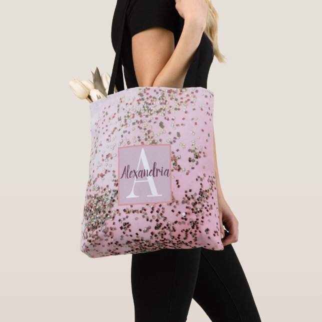 Monogram Champagne Pink Confetti Tote Bag (Close Up)