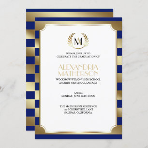 Monogram CHANGE COLOR & Gold Stripes Graduation Invitation