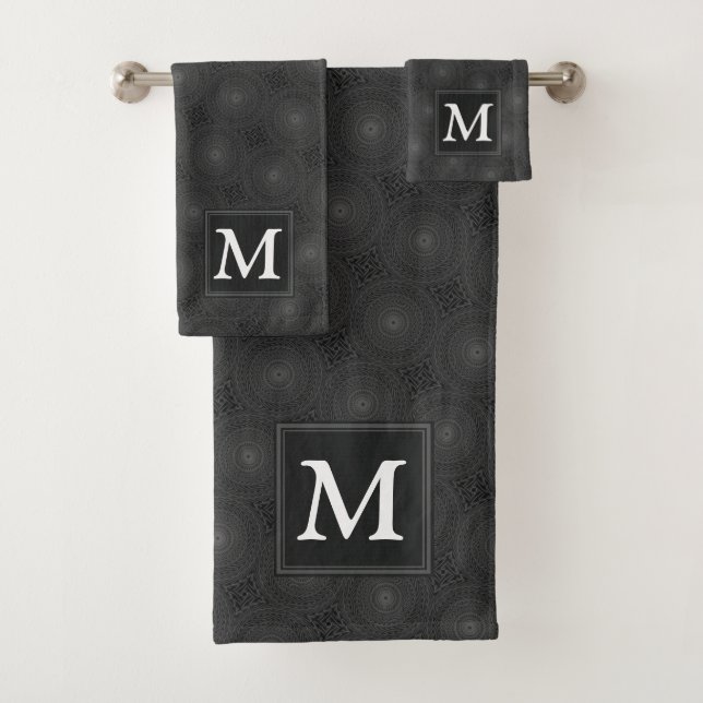 Monogram charcoal circles pattern bath towel set (Insitu)
